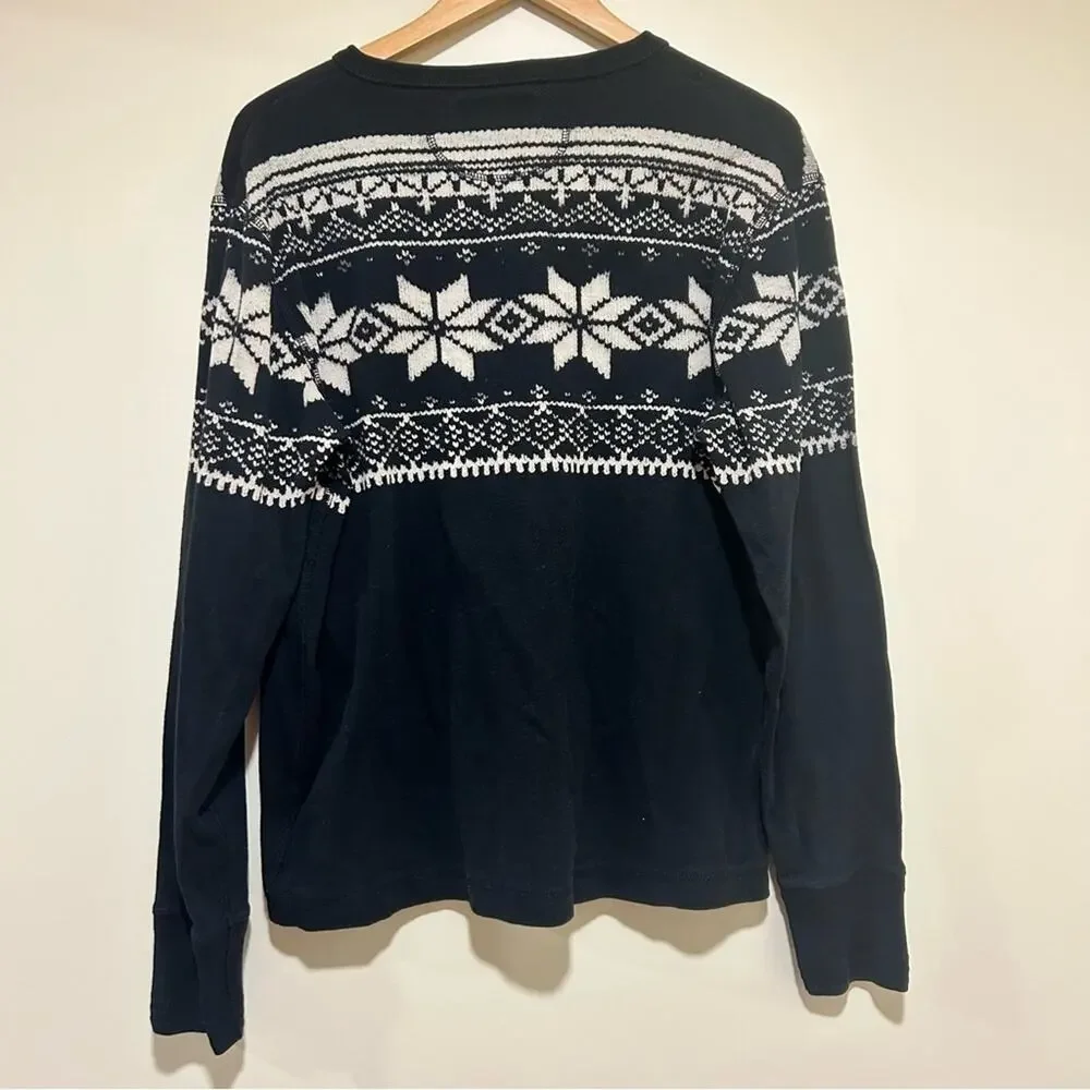 Ralph Lauren Black & White Fair Isle Crewneck Henley Cotton Sweater Size Large